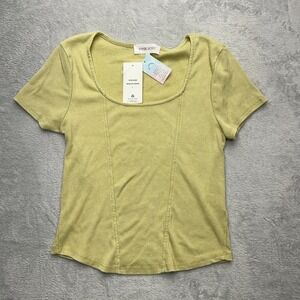 NEW Pink Rose Ribbed Square Neck Short Sleeve Top Meadow Green Size‎ L Y2k